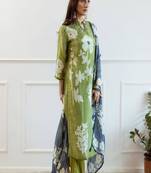 Floral printed round neck pure cotton kurta trosuer and dupatta set