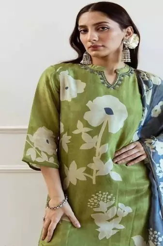 Floral printed round neck  cotton kurta trosuer and dupatta set