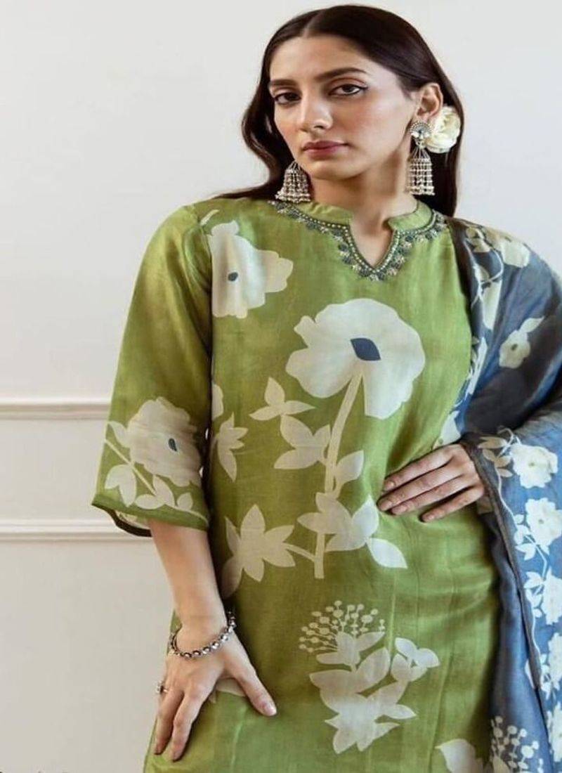 Floral printed round neck pure cotton kurta trosuer and dupatta set