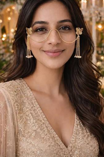 Gold butterfly facelet jewelry||bridal face chain glasses