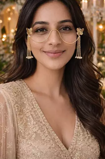 Gold butterfly facelet jewelry||bridal face chain glasses