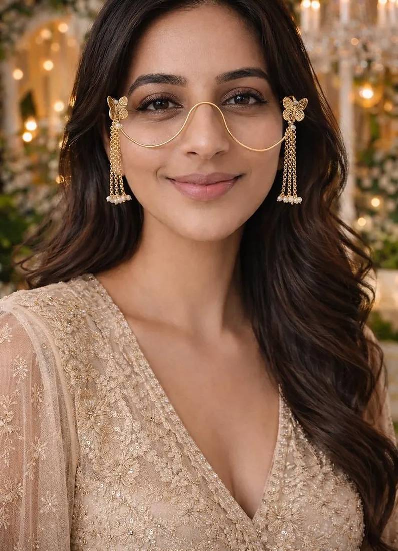 Gold butterfly facelet jewelry||bridal face chain glasses