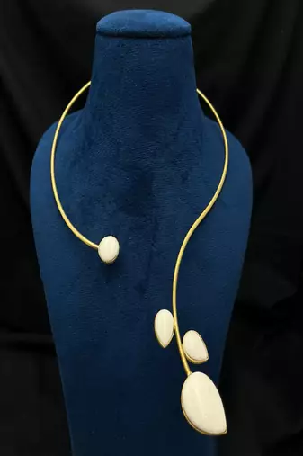 Oxidised gold hasli choker necklace with mother of pearl style | sleek minimalist banjara tribal torque