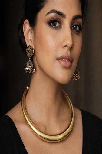Oxidised gold brass hasli choker necklace set with jhumka 