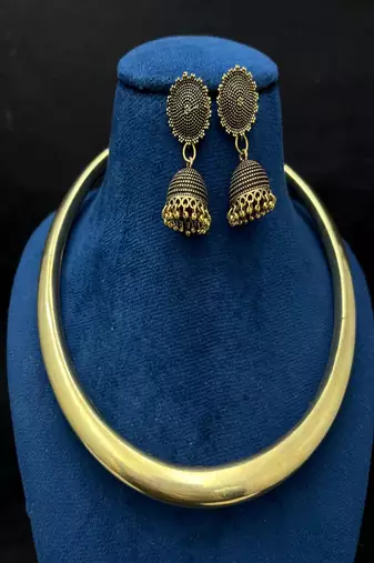 Oxidised gold brass hasli choker necklace set with jhumka 