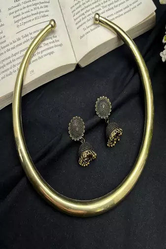 Oxidised gold brass hasli choker necklace set with jhumka 