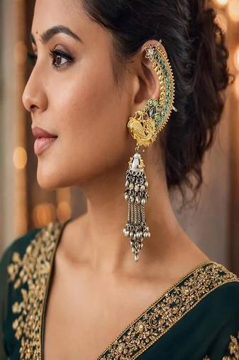 Antique peacock ear cuff jhumka earrings || green stone oxidised silver gold indian statement earwraps
