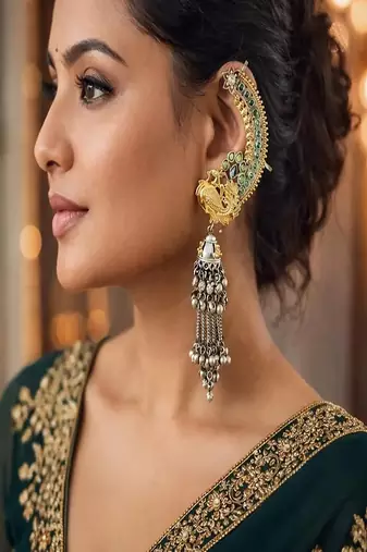 Antique peacock ear cuff jhumka earrings || green stone oxidised silver gold indian statement earwraps