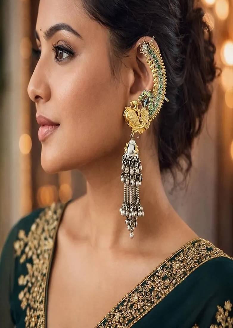 Antique peacock ear cuff jhumka earrings || green stone oxidised silver gold indian statement earwraps