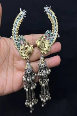 Antique peacock ear cuff jhumka earrings || green stone oxidised silver gold indian statement earwraps 2