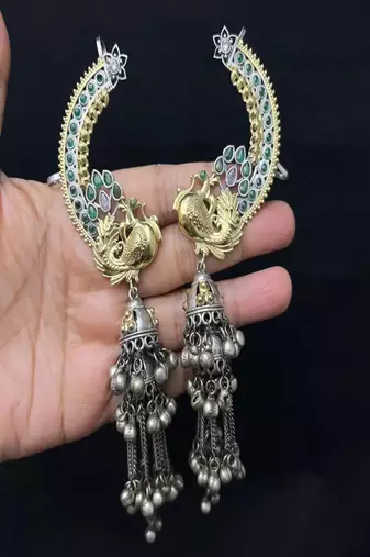 Antique peacock ear cuff jhumka earrings || green stone oxidised silver gold indian statement earwraps