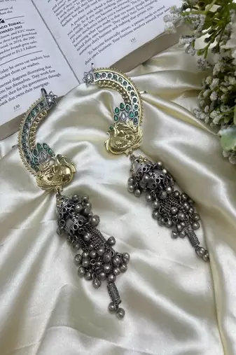 Antique peacock ear cuff jhumka earrings || green stone oxidised silver gold indian statement earwraps