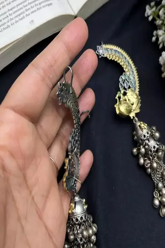 Antique peacock ear cuff jhumka earrings || green stone oxidised silver gold indian statement earwraps