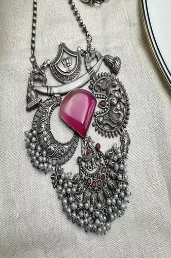 Oxidized silver fusion pendant||lotus peacock motif jewelry||festival wedding