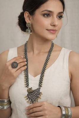 Dual tone oxidized silver jewelry set || indian tribal haram necklace set || boho statement jewelry combo 1