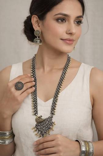 Dual tone oxidized silver jewelry set || indian tribal haram necklace set || boho statement jewelry combo