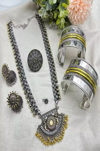 Dual tone oxidized silver jewelry set || indian tribal haram necklace set || boho statement jewelry combo