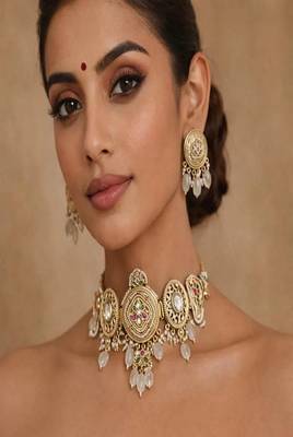 Antique gold kundan temple choker set with earrings || indian bridal polki necklace 1