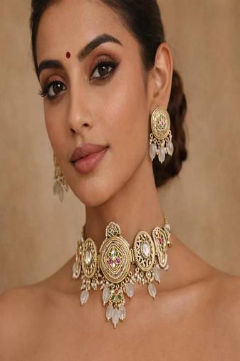 Antique gold kundan temple choker set with earrings || indian bridal polki necklace