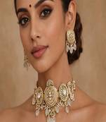 Antique gold kundan temple choker set with earrings || indian bridal polki necklace