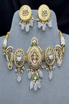 Antique gold kundan temple choker set with earrings || indian bridal polki necklace 2