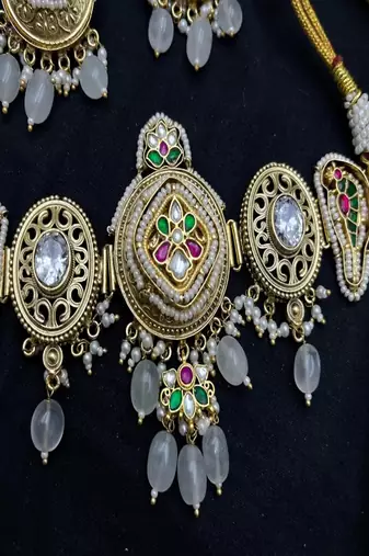 Antique gold kundan temple choker set with earrings || indian bridal polki necklace