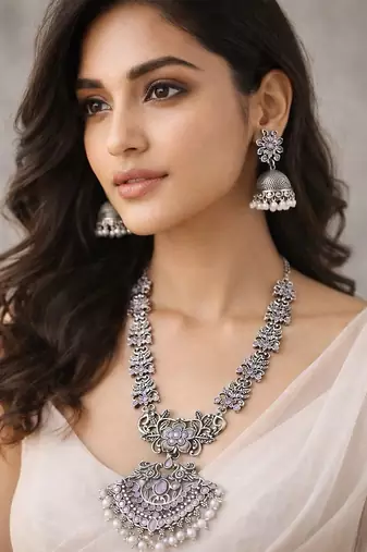 Oxidized silver long necklace set with jhumka earrings|| pink stone temple jewelry