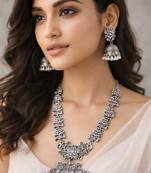 Oxidized silver long necklace set with jhumka earrings|| pink stone temple jewelry
