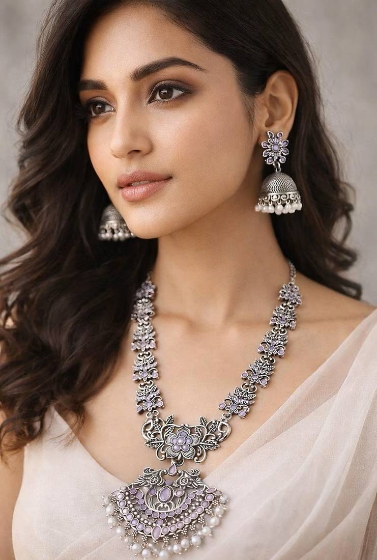 Oxidized silver long necklace set with jhumka earrings|| pink stone temple jewelry