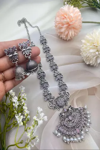 Oxidized silver long necklace set with jhumka earrings|| pink stone temple jewelry