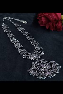 Oxidized silver long necklace set with jhumka earrings|| pink stone temple jewelry 3