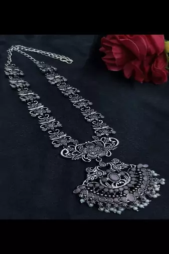 Oxidized silver long necklace set with jhumka earrings|| pink stone temple jewelry
