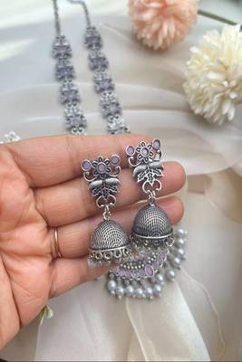 Oxidized silver long necklace set with jhumka earrings|| pink stone temple jewelry 4