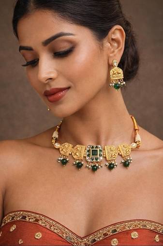 Rajwadi rajasthani choker necklace set||green doublet stone kundan bridal jewelry