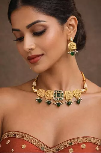 Rajwadi rajasthani choker necklace set||green doublet stone kundan bridal jewelry