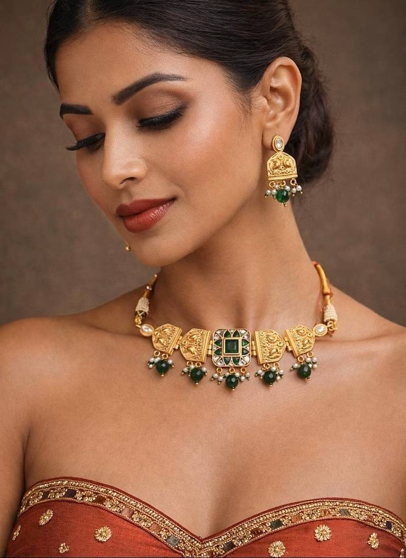 Rajwadi rajasthani choker necklace set||green doublet stone kundan bridal jewelry