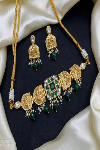 Rajwadi rajasthani choker necklace set||green doublet stone kundan bridal jewelry