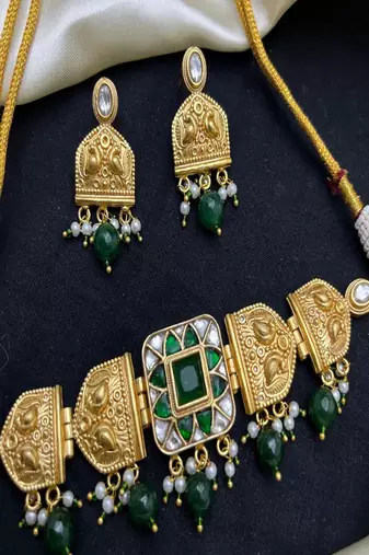 Rajwadi rajasthani choker necklace set||green doublet stone kundan bridal jewelry