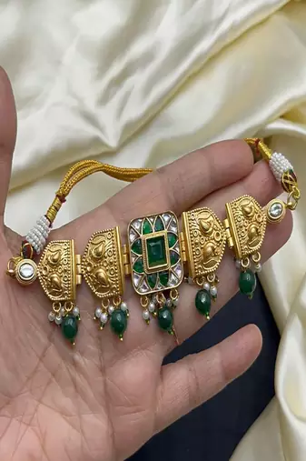 Rajwadi rajasthani choker necklace set||green doublet stone kundan bridal jewelry