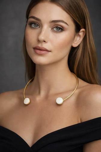 Minimalist gold brass hasli choker necklace with mother of pearl stones||open front neck cuff collar