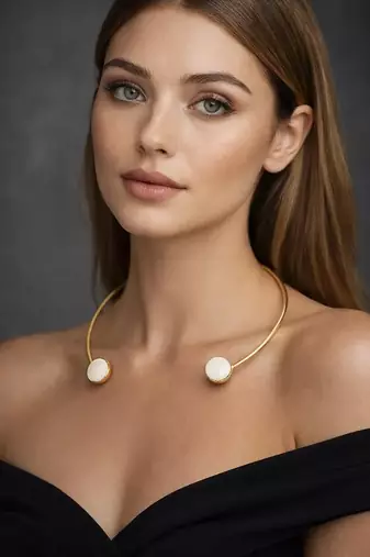 Minimalist gold brass hasli choker necklace with mother of pearl stones||open front neck cuff collar