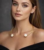 Minimalist gold brass hasli choker necklace with mother of pearl stones||open front neck cuff collar