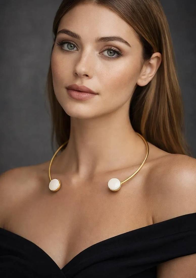 Minimalist gold brass hasli choker necklace with mother of pearl stones||open front neck cuff collar