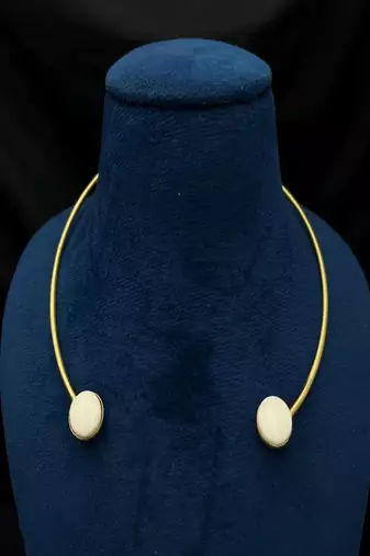 Minimalist gold brass hasli choker necklace with mother of pearl stones||open front neck cuff collar