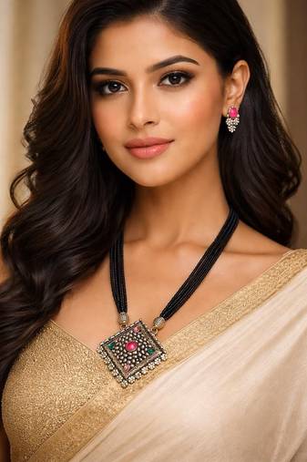 Oxidized silver mangalsutra necklace set | black beads mangalsutra with pink green stone pendant