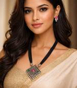 Oxidized silver mangalsutra necklace set | black beads mangalsutra with pink green stone pendant