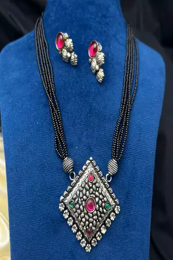 Oxidized silver mangalsutra necklace set | black beads mangalsutra with pink green stone pendant