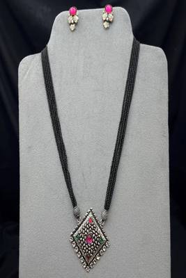 Oxidized silver mangalsutra necklace set | black beads mangalsutra with pink green stone pendant 3