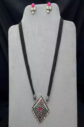 Oxidized silver mangalsutra necklace set | black beads mangalsutra with pink green stone pendant