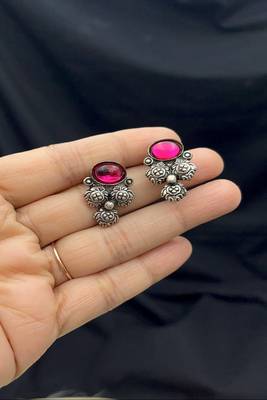 Oxidized silver mangalsutra necklace set | black beads mangalsutra with pink green stone pendant 4